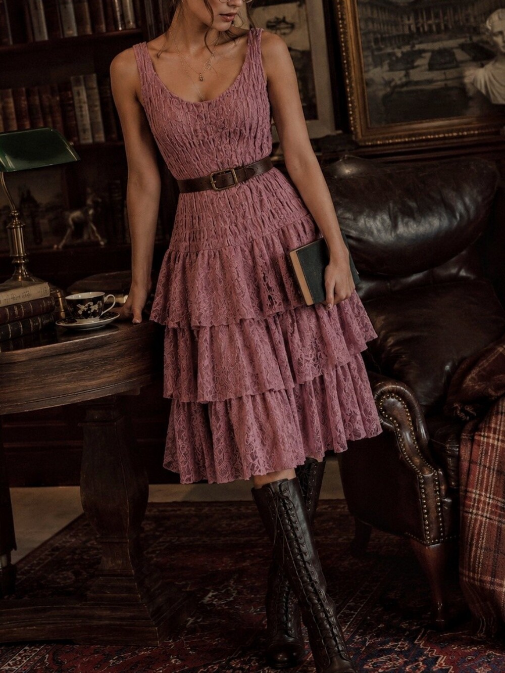 Free People Lacy Tiered Dusty Rose Whimsical Dress